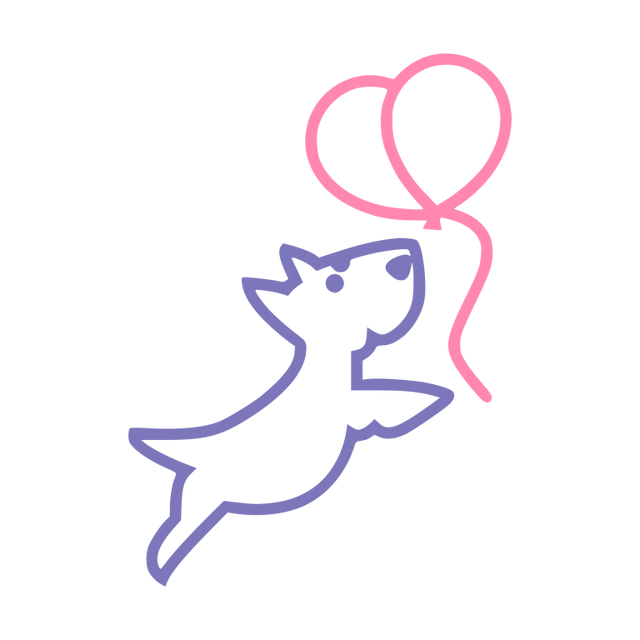 A joyful dog leaping after two heart-shaped balloons
