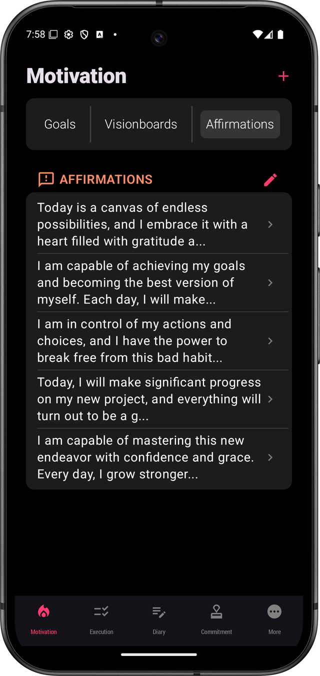 Die Affirmationsansicht von HappinessPal, der Ort zum Verwalten deiner Affirmationen