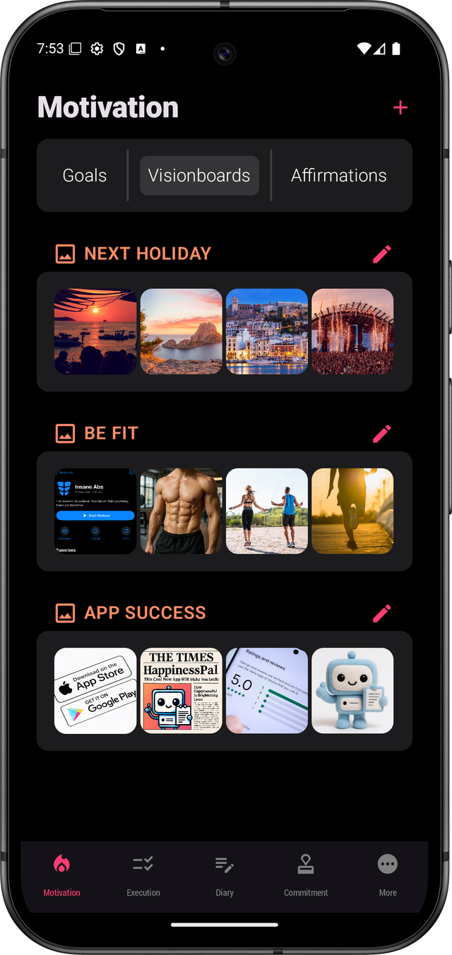 Die Visionboard-Ansicht von HappinessPal, der Ort zum Verwalten deiner Visionboards